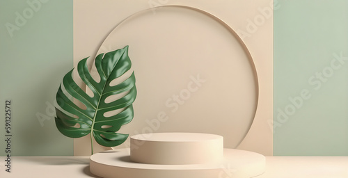 3D display podium. Pastel beige and green minimalistic background with pedestal stand, product display. AI generated
