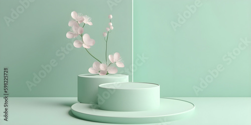 3D display podium. Pastel green minimalistic background with pedestal stand,  for product display. AI generated