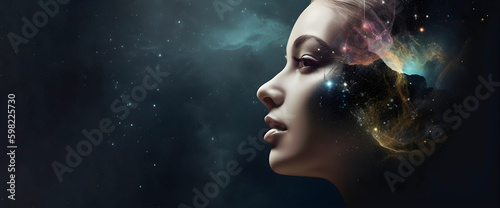 Beautiful female face on space background, free copy space AI generated