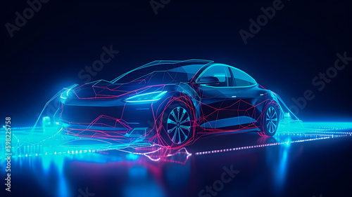 Electric car futuristic neon banner background. AI generated