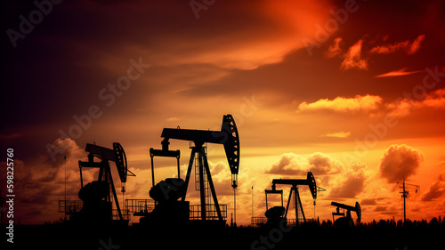 Silhouettes of oil derricks taking oil at dusk with the sun in the background. AI generated