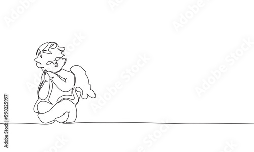 Little angel. One line continuous hand drawn vector illustraiton. Line art angel with wings. Baby angel single line.