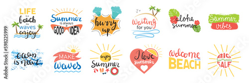 Big collection of hand drawn calligraphy lettering summer words. Summer labels, logos, hand drawn tags and elements set for summer holiday, travel, beach vacation, sun.