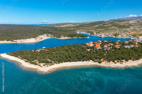 Aerial view of Simuni town in Pag island, Croatia