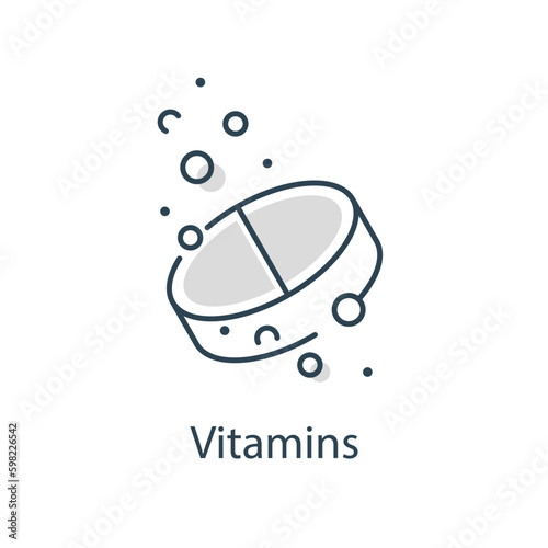 vitamins or sugar substitute, water bubbles, thin line symbol on white background,soluble tablet icon, effervescent pill