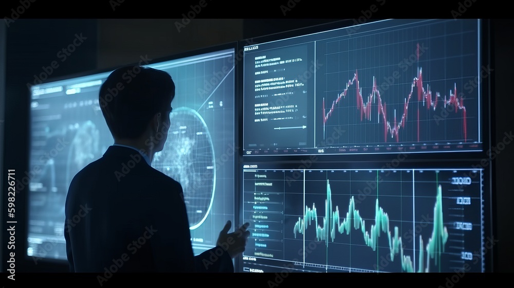 Businessman analyst working with digital finance business data graph showing technology of investment strategy for perceptive financial business decision. graph on monitor, Generative AI Businessman analyst working with digital finance business data graph showing technology of investment strategy for perceptive financial business decision. graph on monitor, Generative AI