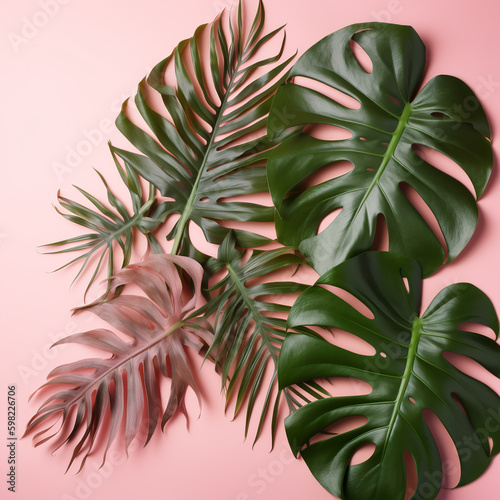 tropical monstera leaves set on a peach background