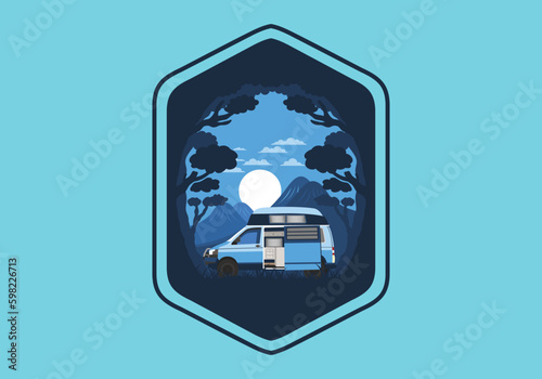 Colorful illustration badge of campervan in nature