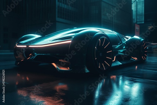 Futuristic car with sleek metallic curves and glowing lights, representing sci-fi and futurism. Generative AI © Rosalind