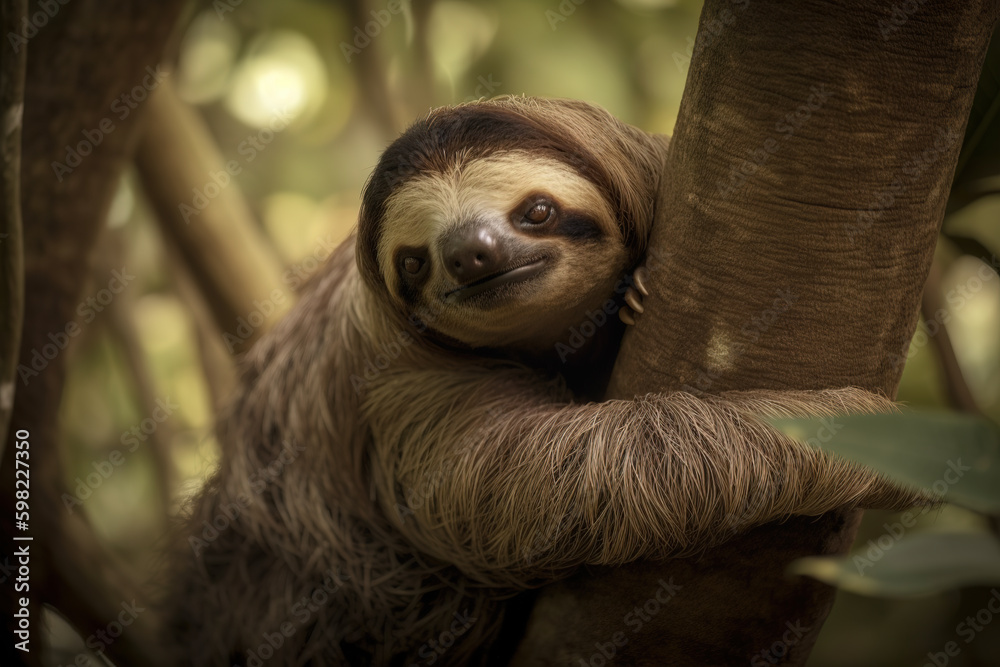 Fototapeta premium Image of a cute sloth on a tree on natural background. Wild Animals. illustration. Generative AI.