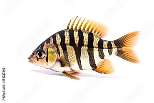 Image of siamese tigerfish on a white background. Underwater animals. Fishs. Illustration. Generative AI.