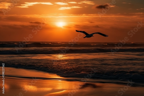 A flying seagull silhouette in sunset sky and beach. AI generative