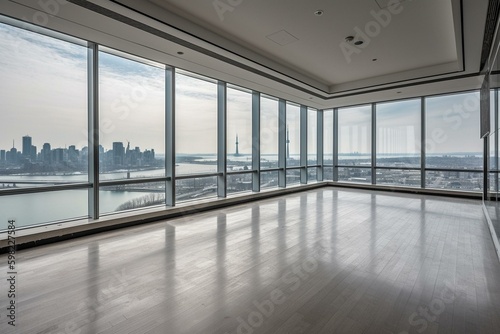 City skyline view of expensive real estate, empty office room interior, lakefront harbor, daytime cityscape. Generative AI © Maelle