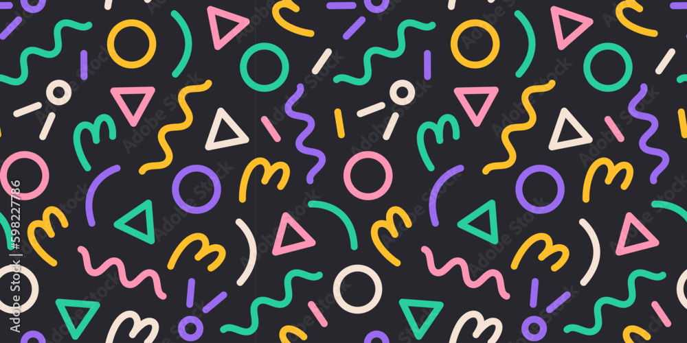 Fun colorful line doodle seamless pattern. Creative minimalist style art background for children or trendy design with basic shapes. Simple party confetti texture, childish scribble Generative AI