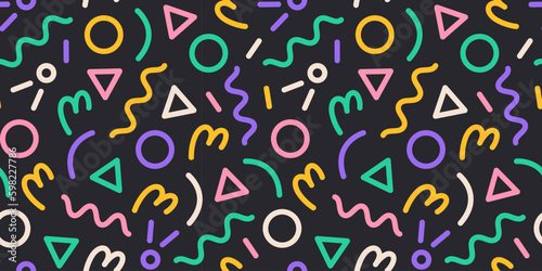 Fun colorful line doodle seamless pattern. Creative minimalist style art background for children or trendy design with basic shapes. Simple party confetti texture, childish scribble Generative AI