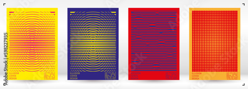Geometrical Poster Design with Optical Illusion Effect.  Modern Psychedelic Cover Page Collection. Colourful Wave Lines Background. Fluid Stripes Art. Swiss Design. Vector Illustration for Brochure.