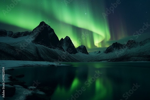 Aurora borealis above lake and peak. Generative AI