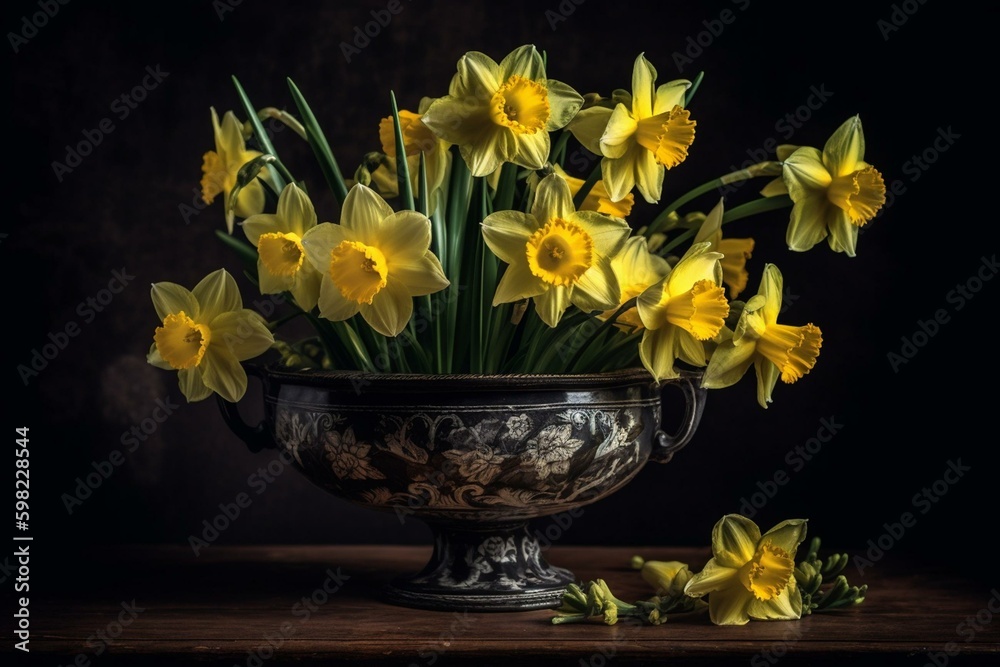 Elaborate painting of daffodils in a vase with oil. Generative AI