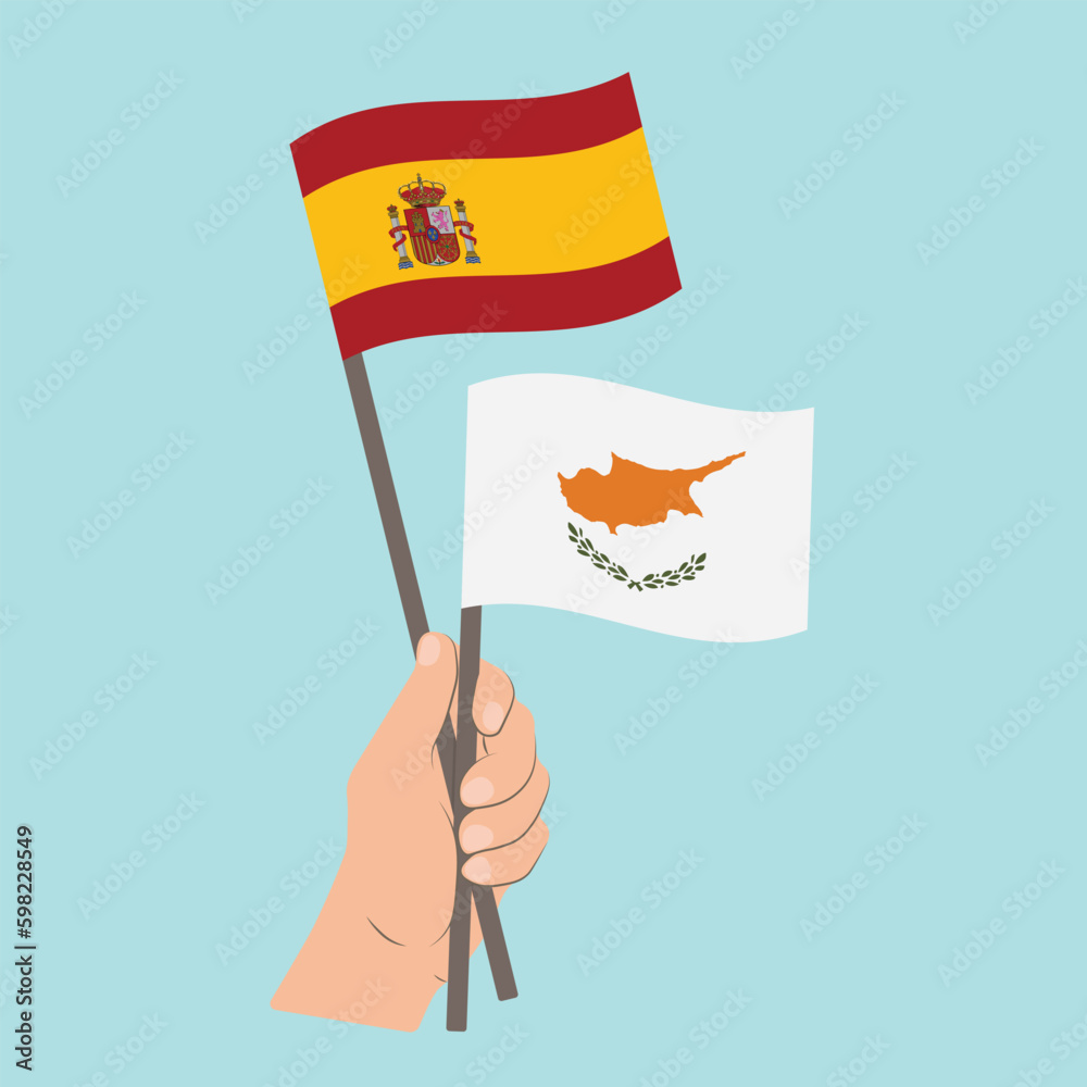 Flags of Spain and Cyprus, Hand Holding flags Flags of Spain and Cyprus, Hand Holding flags
