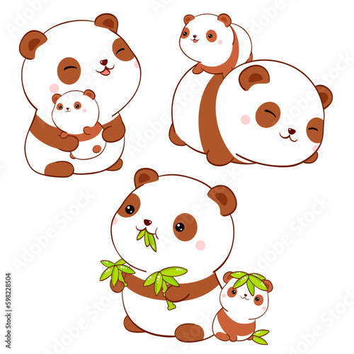 Set of cute fat panda kawaii style. Collection of lovely mom and baby pandas in different poses. Can be used for t-shirt print, stickers, greeting card design. Vector illustration EPS8