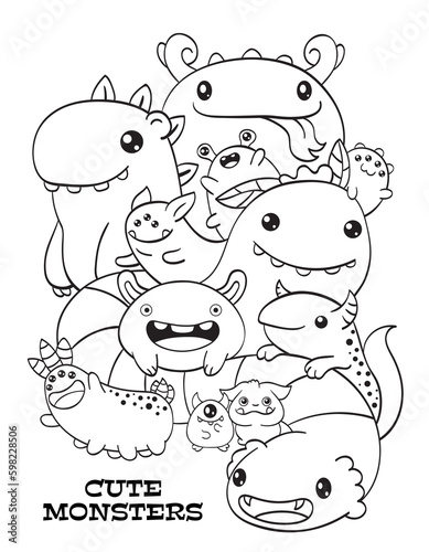 Black and white pattern with aliens for coloring. Cute monsters friends. Coloring page with fantasy characters for children and adults. Coloring book anti-stress. Vector illustration EPS8
