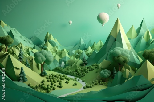 3d illustration of fantasy landscape with trees and lake in the mountains  paper cut style  generative Ai