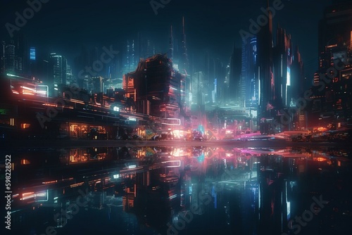 A futuristic city with neon lights and water reflection rendered in 3D. Generative AI