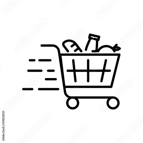 Shopping cart line icon. Simple outline style. Food and fruit full product cart, supermarket, basket checkout concept. Vector illustration isolated on white background. EPS 10.