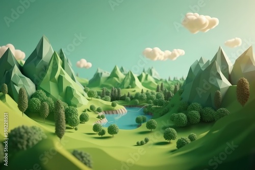 3d illustration of fantasy landscape with trees and lake in the mountains, paper cut style, generative Ai