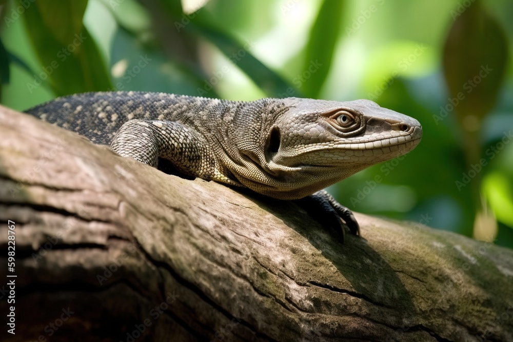 Fototapeta premium Monitor lizard crawling on a tree branc