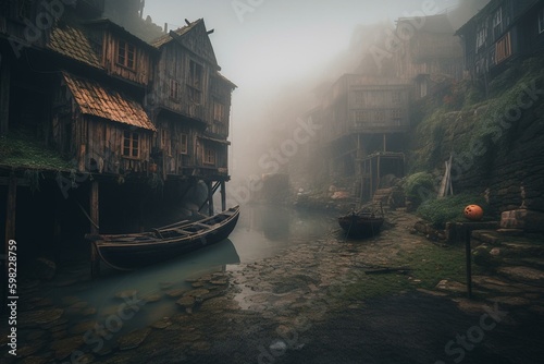 Medieval fishing village sleeping under fog. Generative AI