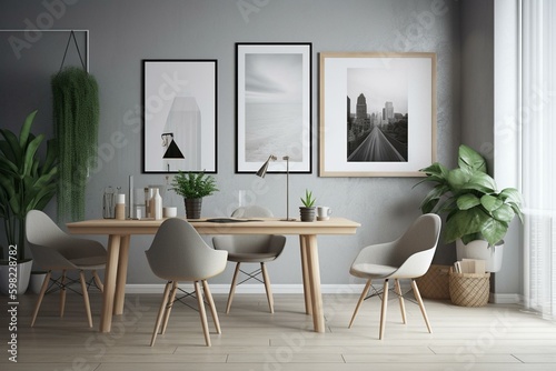 Modern interior background with Scandinavian-style mockup poster frame. Rendered in 3D. Generative AI
