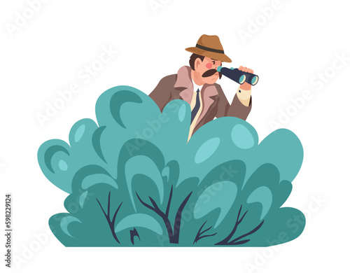 Detective hiding behind bush watching in binocular