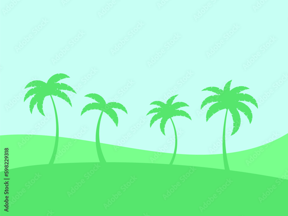 Tropical landscape with green palm trees. Silhouettes of palm trees on green meadows. Summer time. Design of advertising booklets, banners, posters and travel agencies. Vector illustration