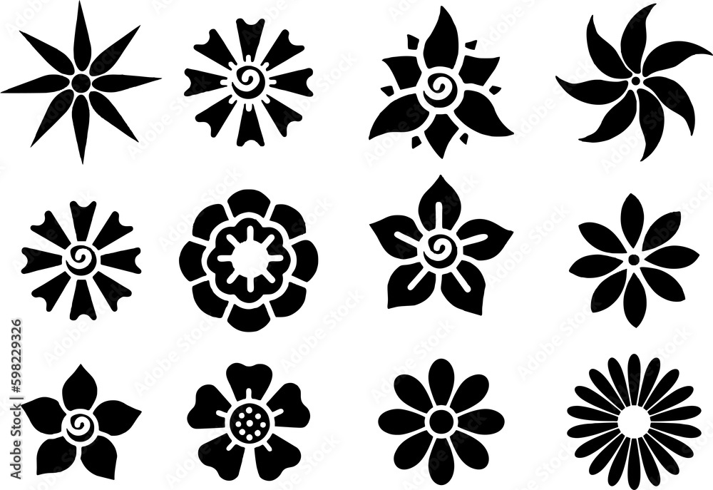 Set and collection of Flower symbols and icons on white background.  can used as art objects.