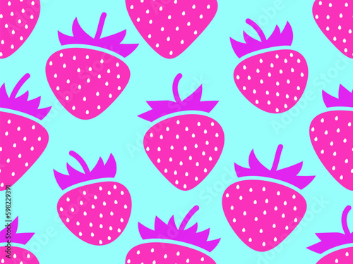 Seamless pattern with pink strawberries on a blue background. Red strawberries with seeds. Strawberry sweet berries. Design for posters, wrapping paper and wallpapers. Vector illustration