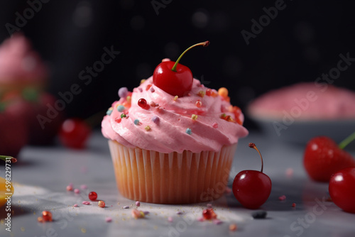 Cupcake with pink frosting or buttercream with a cherry on top and colorful sprinkles. Delicious desserts. High quality photo Generative AI