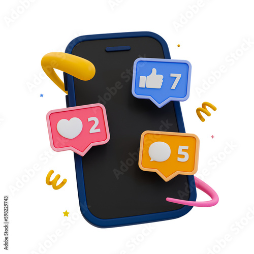 3d minimal social media interaction concept. online network interaction. smartphone with social network notifications. 3d illustration. photo