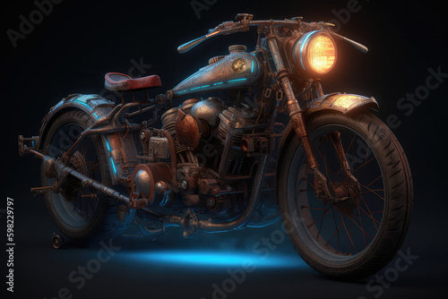 Steampunk, Motorcycle, Neon Lights, Bike, Transport, Wheels, Black, Vehicle, Engine, Made by AI, AI generated, Artificial intelligence Steampunk, Motorcycle, Neon Lights, Bike, Transport, Wheels, Bla