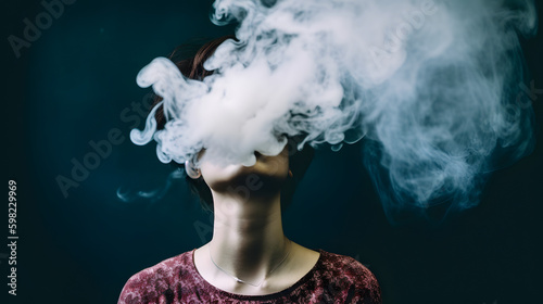 Cloudy smoke covering face of woman. Concept of heavy smoking or vaping.