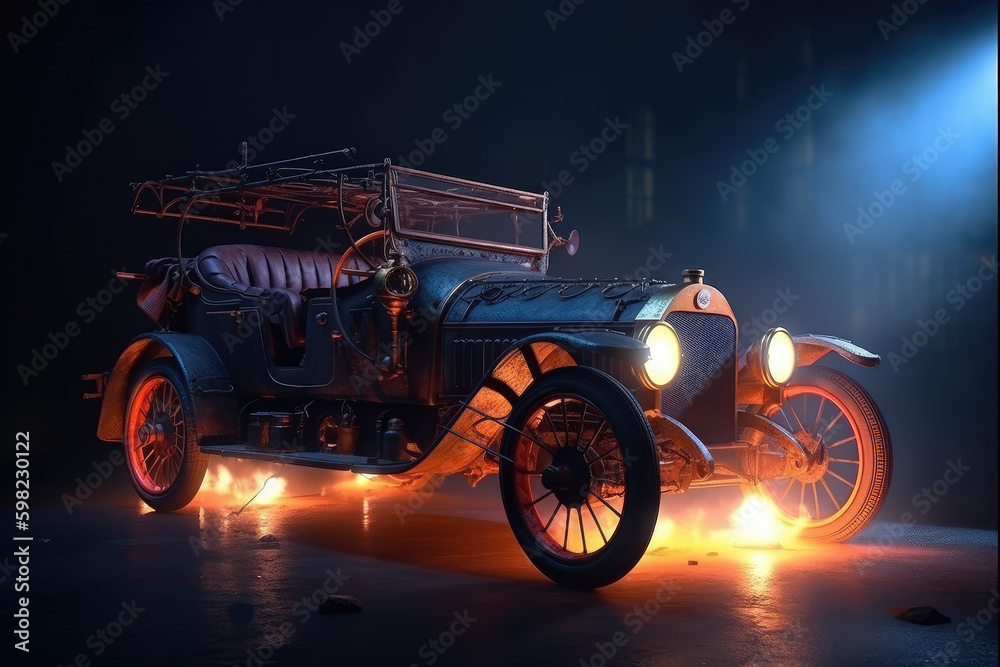 Steampunk, Car, Neon Lights, Bike, Transport, Wheels, Black, Vehicle, Engine, Made by AI, AI generated, Artificial intelligence	
