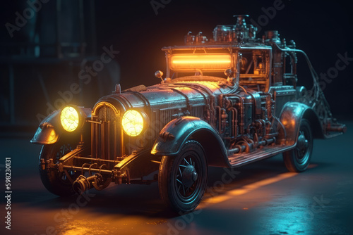 Steampunk  Car  Neon Lights  Bike  Transport  Wheels  Black  Vehicle  Engine  Made by AI  AI generated  Artificial intelligence  