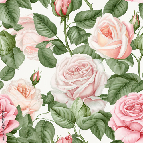 Seamless floral wallpaper with roses in pink on a white background.  Generative AI.