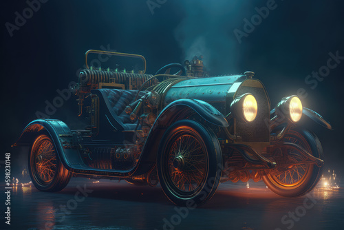 Steampunk, Car, Neon Lights, Bike, Transport, Wheels, Black, Vehicle, Engine, Made by AI, AI generated, Artificial intelligence   © Otugen
