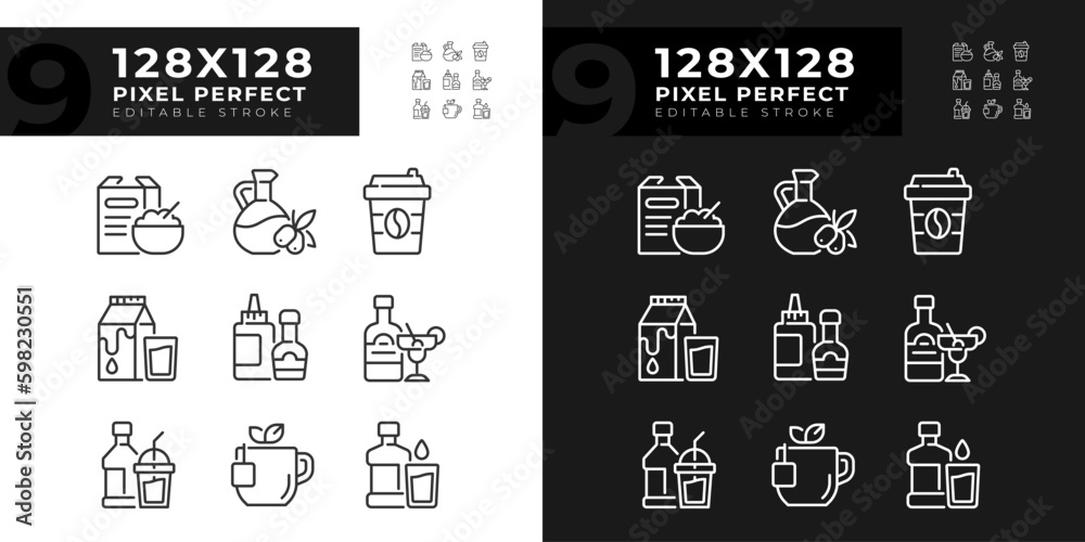 Grocery shopping pixel perfect linear icons set for dark, light mode. Food retail. Eats and beverages. Thin line symbols for night, day theme. Isolated illustrations. Editable stroke Grocery shopping pixel perfect linear icons set for dark, light mode. Food retail. Eats and beverages. Thin line symbols for night, day theme. Isolated illustrations. Editable stroke