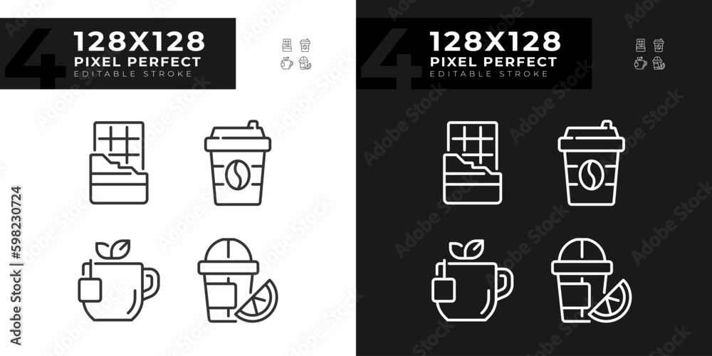 Drinks and desserts pixel perfect linear icons set for dark, light mode ...