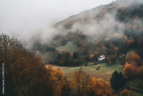 Bosnian autumn landscape obscured by mist. Generative AI