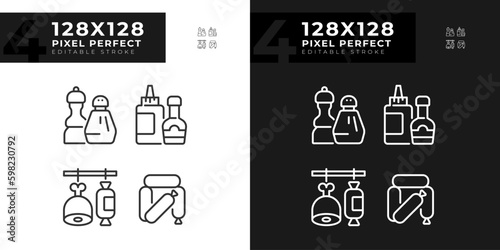 Barbecue food pixel perfect linear icons set for dark, light mode. Meat market. Grilling season. Sausage category. Thin line symbols for night, day theme. Isolated illustrations. Editable stroke