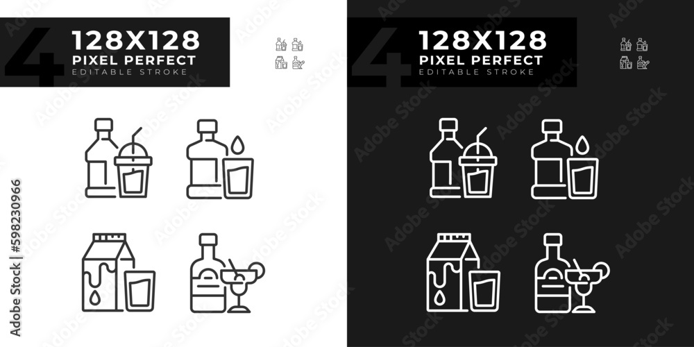 Bottled beverages pixel perfect linear icons set for dark, light mode. Alcohol and soft drinks. Liquid refreshments. Thin line symbols for night, day theme. Isolated illustrations. Editable stroke Bottled beverages pixel perfect linear icons set for dark, light mode. Alcohol and soft drinks. Liquid refreshments. Thin line symbols for night, day theme. Isolated illustrations. Editable stroke