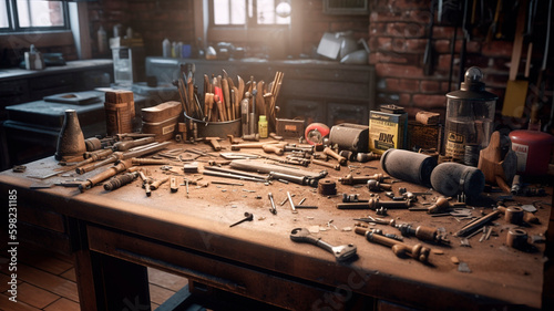 Tools arranged on a workbench of a woodworking workshop. generative ai.